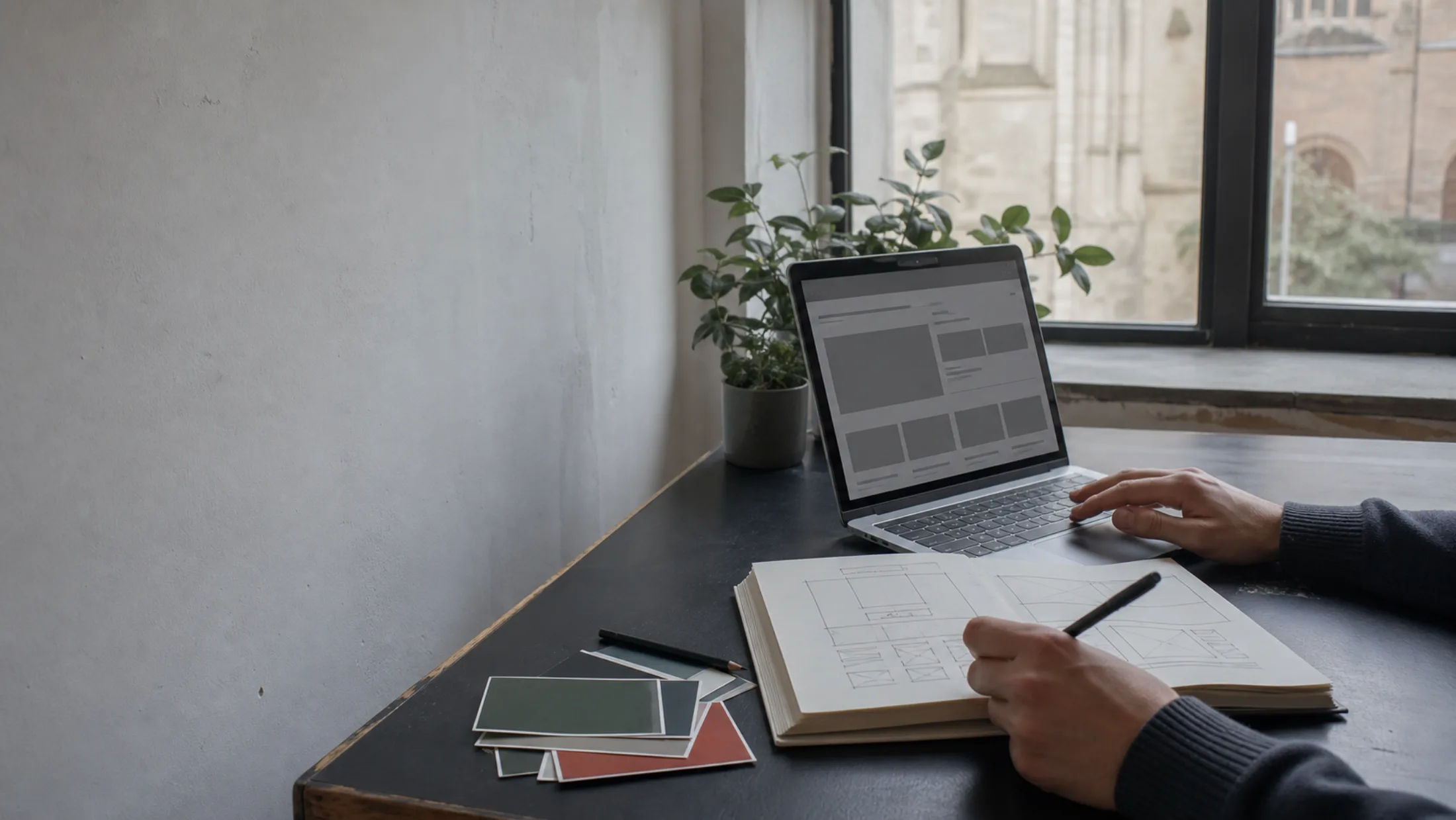 Des mains conçoivent une interface web sur papier à côté d’un ordinateur portable